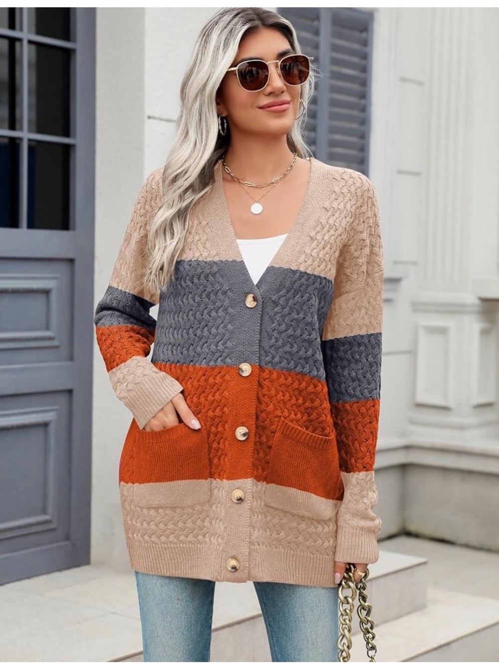 NEW Fall Cardigan Sweater W XL Beige Gray Orange Chunky Knit Drop Shoulder Cozy